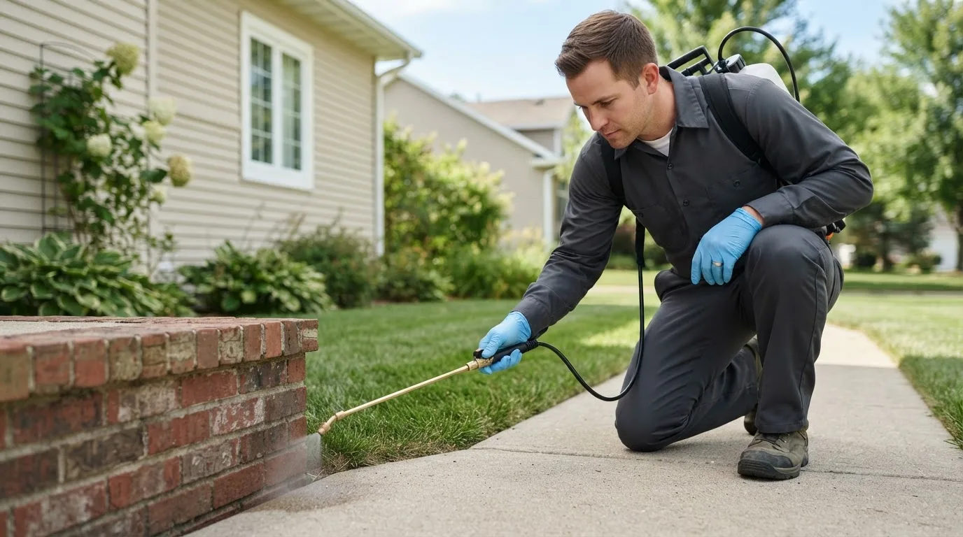 Pest control technician treating a home near York, NE