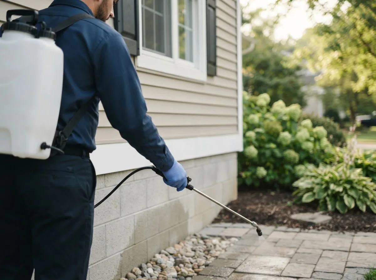 Pest control technician inspecting a home in York, NE